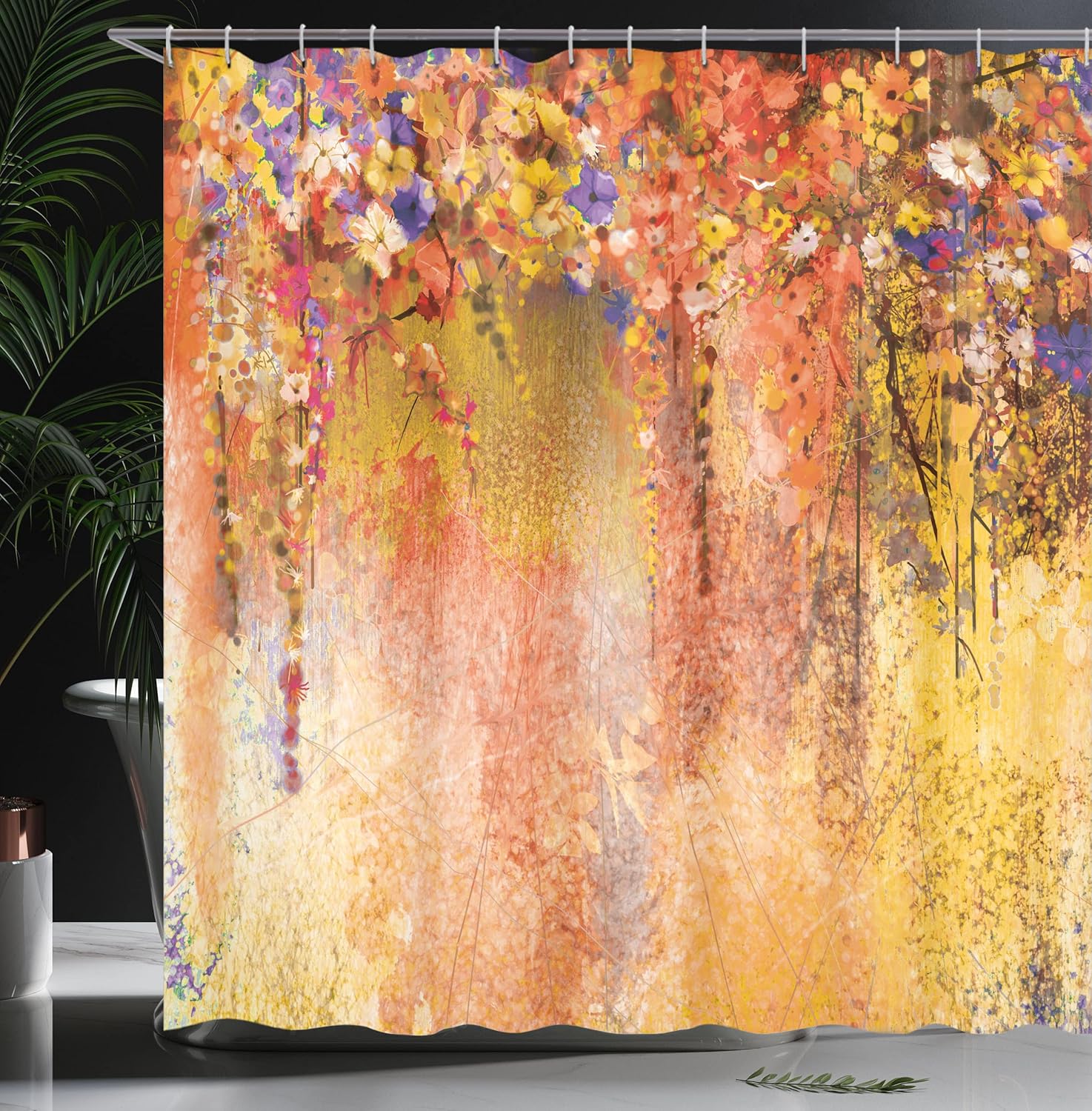 Ambesonne Flower Shower Curtain, Abstract Herbs Alternative Medicine Blossoms Ivy Back Florets Shrubs Design, Cloth Fabric Bathroom Decor Set with Hooks, 69" W x 75" L, Violet Marigold