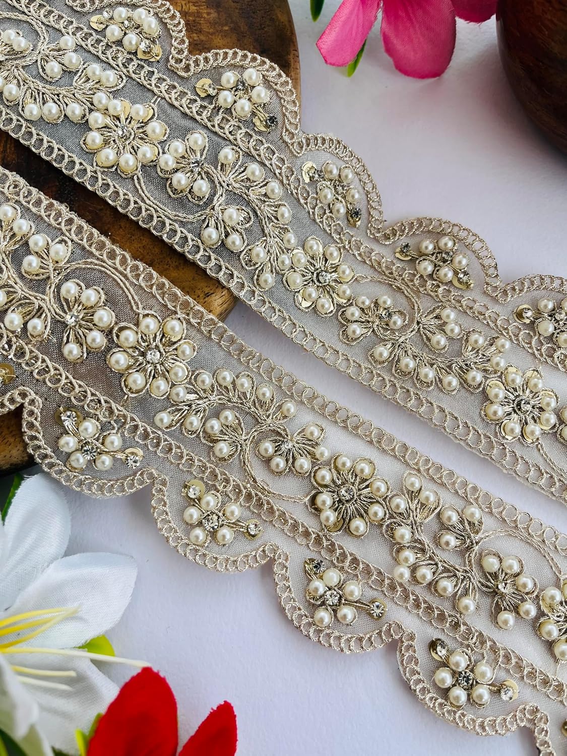 Luxury Pearl and Mirror Trim, Gold Embroidered Lace Border, 2 Inch Wide Decorative Ribbon for Wedding, Available in 1, 3 and 6 Yard (3)