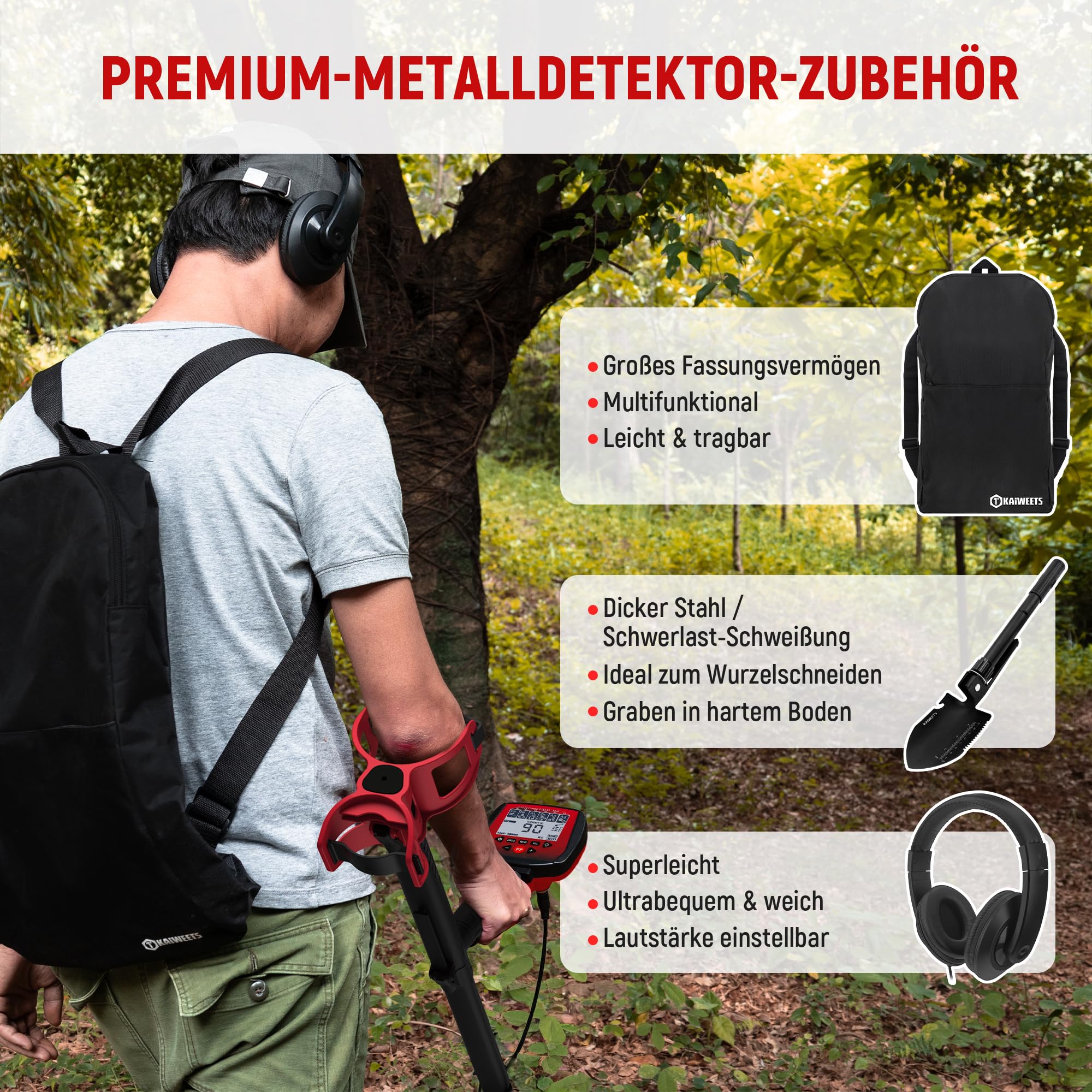 KAIWEETS Metalldetektor, 2026 Neu Metallsuchgerät mit einteiliger integrierter Teleskopstange, schneller Aufbau, präzise Ortung, für Erwachsene, Pinpointer, IP68 wasserdichte Suchspule, Komplett-Set