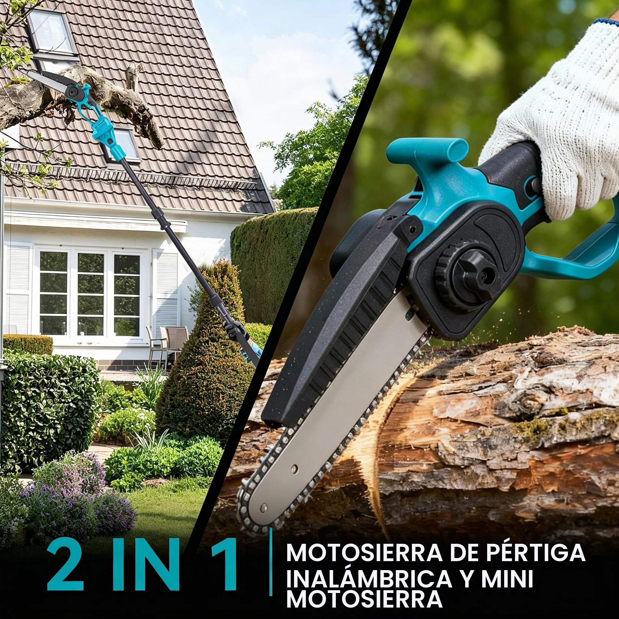 Yofidra 2 en 1 Motosierra Telescópica y Mini Motosierra Eléctrica, 8 Pulgadas con Poste Desmontable, 2 Baterías de 3.0Ah, para Cortar Ramas y Poda de Árboles