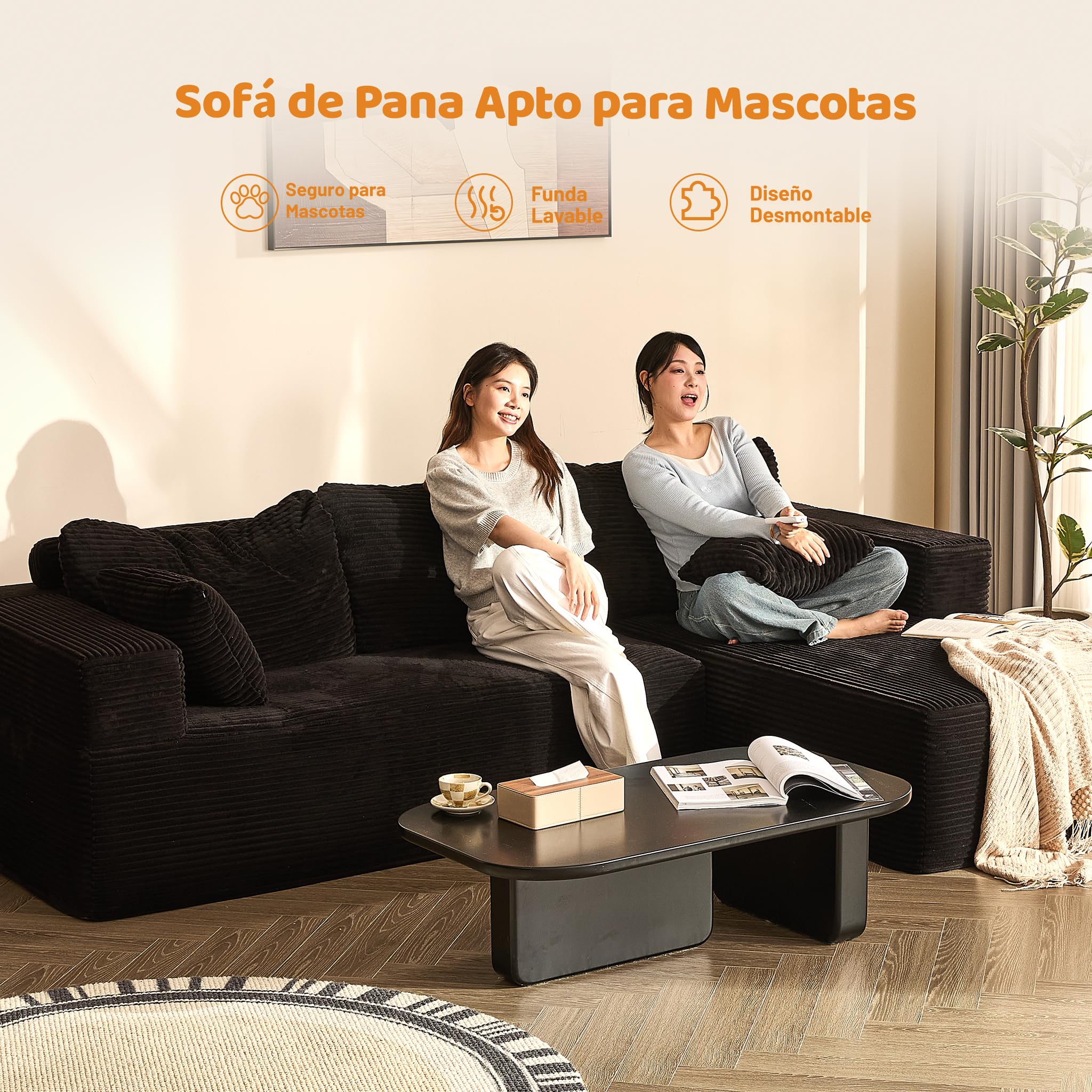 272 cm Sofá Chaise Longue 3 Plazas Modular sin Montaje, Pana, Negro | Configuración Flexible, Asiento Profundo, Espuma de Alta Densidad, Cojines de Respaldo, Para Salón