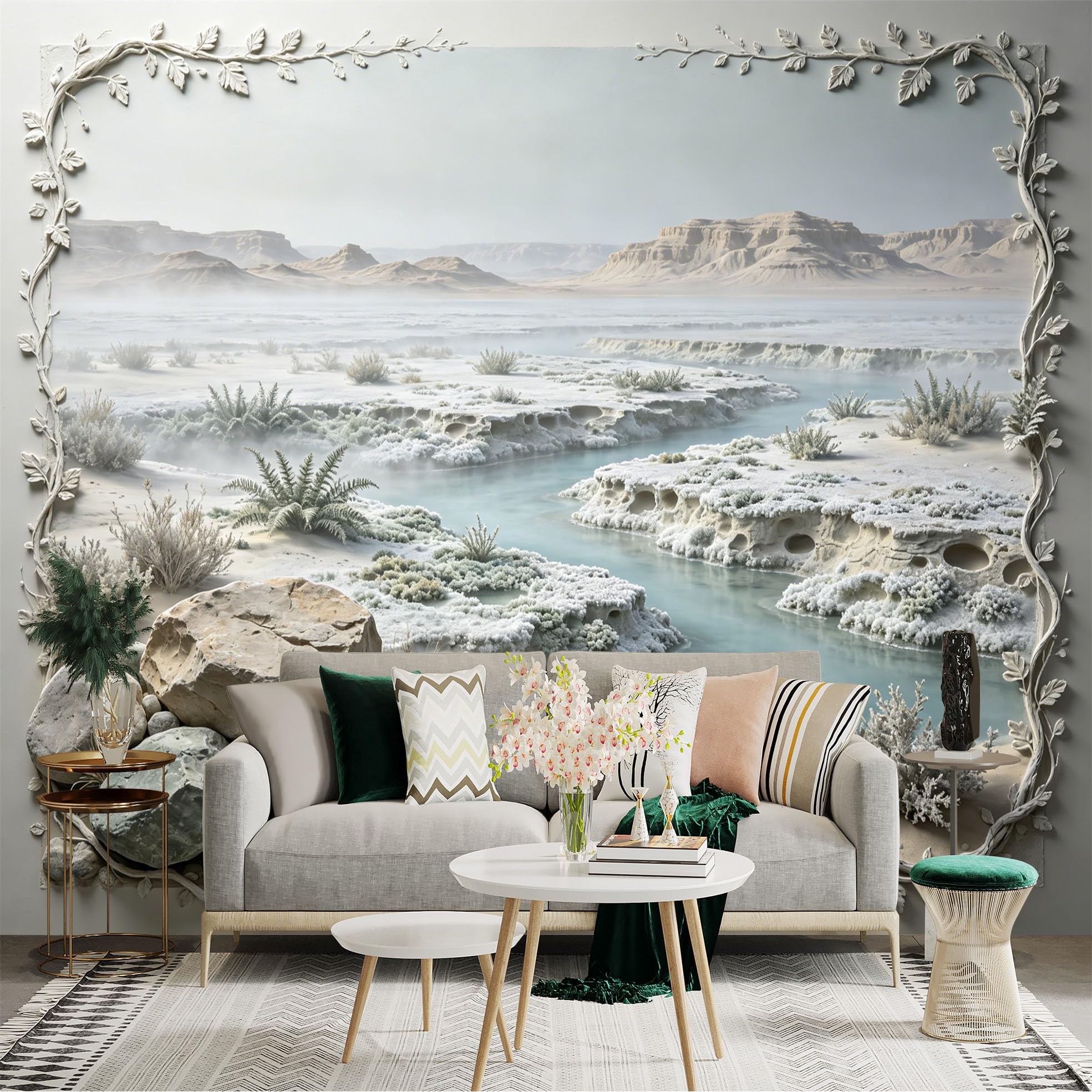 Custom Size Wall Sticker Mural， Frosty Desert Landscape with River， Rocks and Distant Cliffs， for wall Decoration， peelandstick wall Decals.