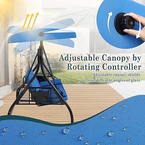 Miniatura 4 de MAGIC UNION Columpios de patio al aire libre de 3 asientos con toldo ajustable para porche con soporte, cojines mejorados y bandeja lateral plegable