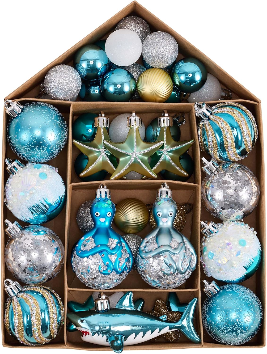 Valery Madelyn Summer Tree Ornaments 45ct Shatterproof Nautical Beach Decor Nautical Ocean-Themed Coastal Christmas in July Tree Decorations, Starfish, Octopus and Shark for Tropical Party