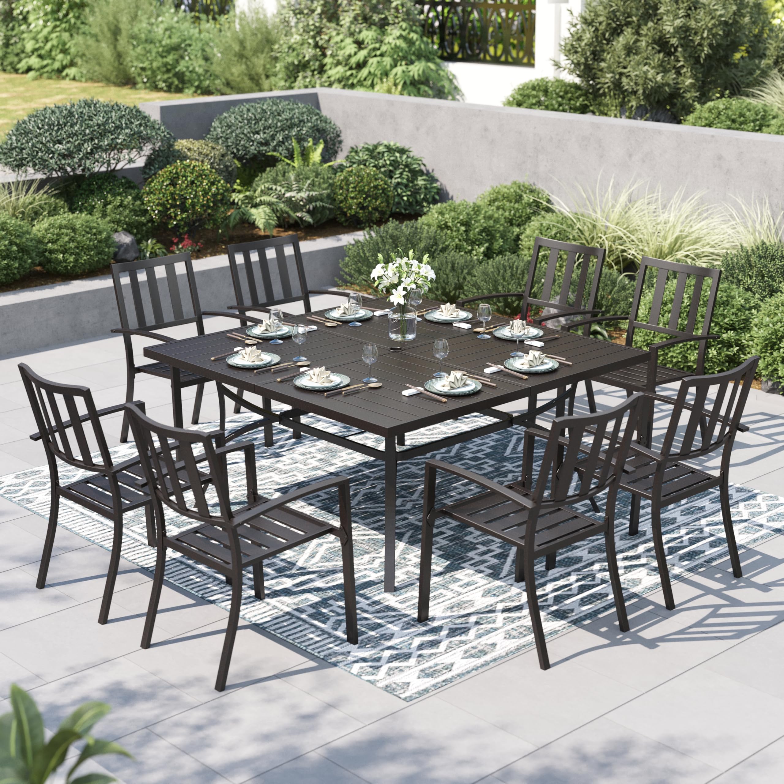 PHI VILLA 9 Pieces Outdoor Dining Set for 8 60 Square Black Metal Table with Umbrella Hole Stackable