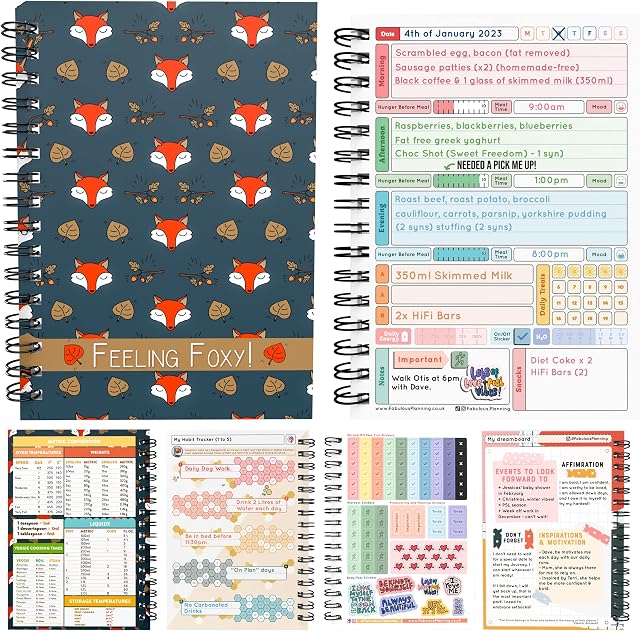 Slimming World Compatible Food Diary New Year 2023 Diet Recipe Journal Planner 7 Week Countdown Card with Stickers Blue Feeling Foxy Foxes Fox