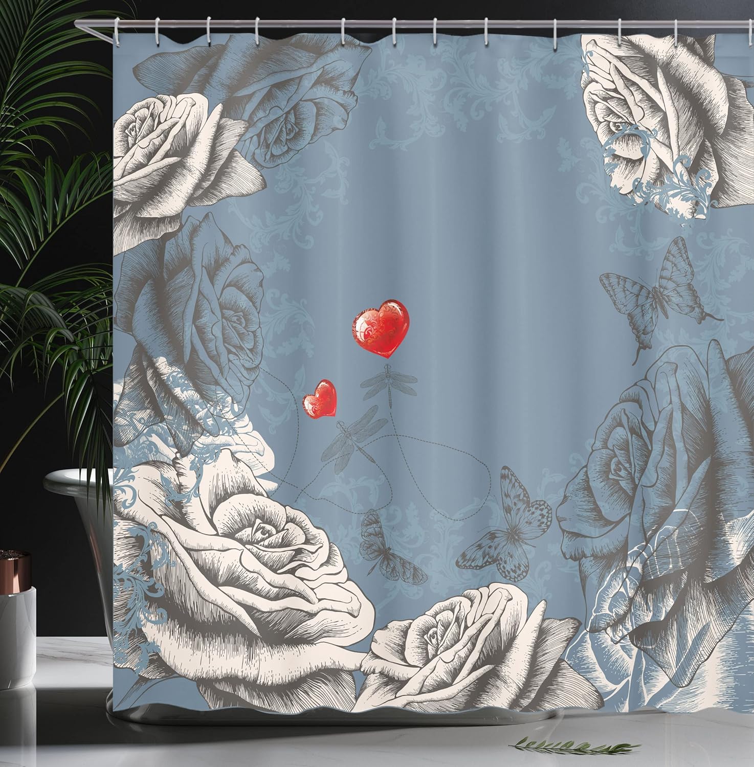 Ambesonne Floral Shower Curtain, Grunge Rose Petals and Butterflies Red Hearts Love Valentines Vintage Design, Cloth Fabric Bathroom Decor Set with Hooks, 69" W x 70" L, Slate Blue Grey