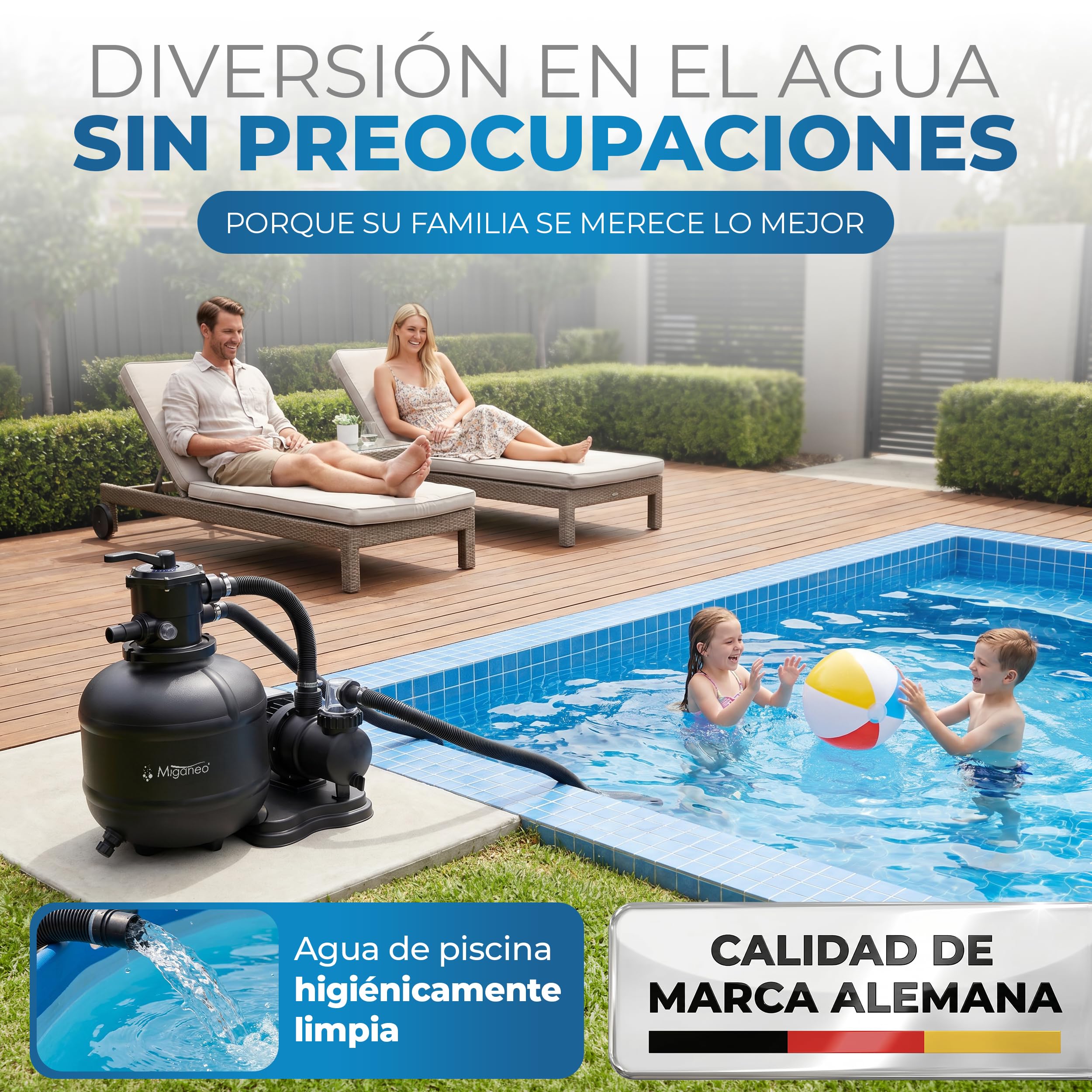 Miganeo Dynamic 10000 Pro Filtro de arena negro, 10.000 l/h, sistema de filtración para piscinas, hervidor de agua 370 mm