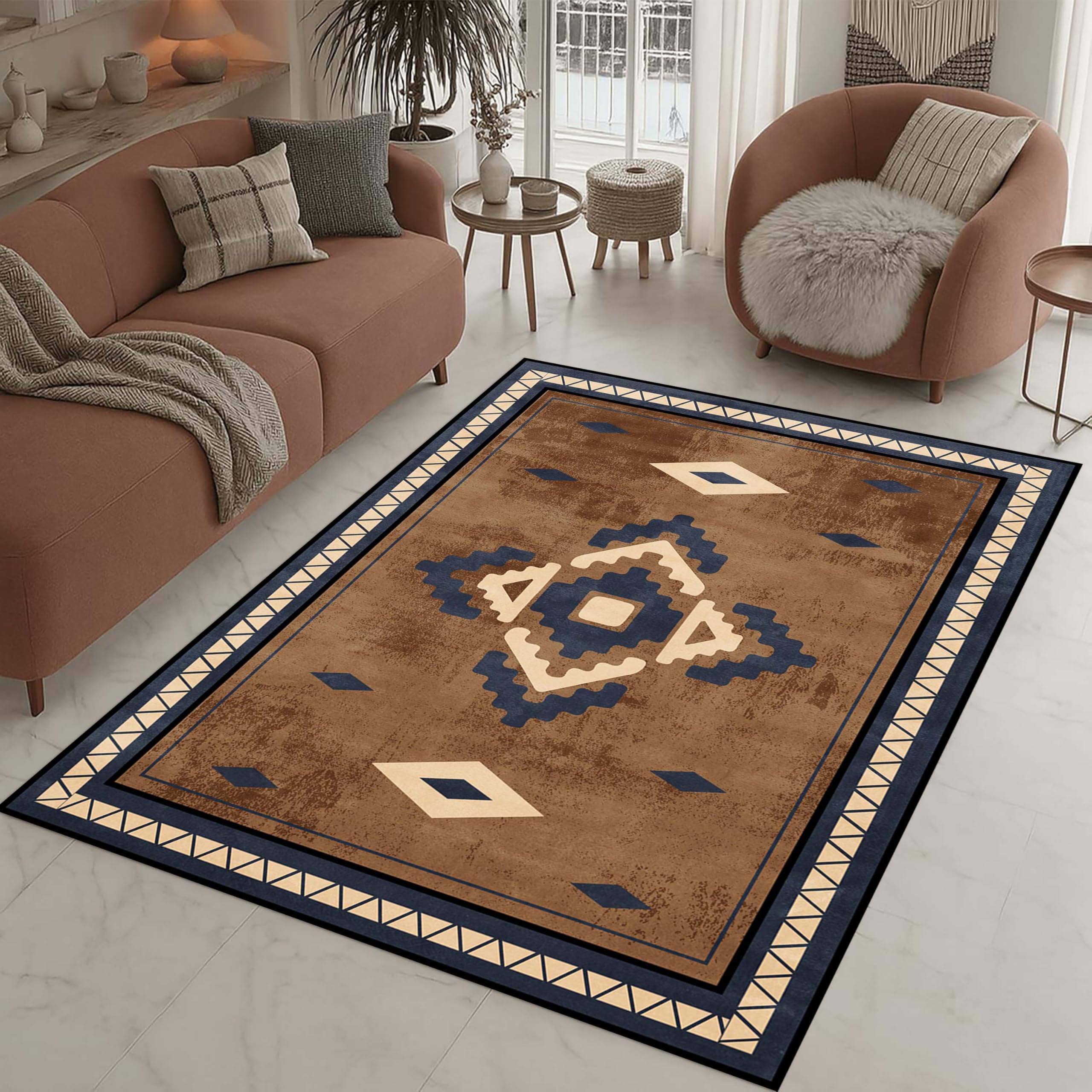 LHOMKCV Moroccan Area Rugs for Hall, 60x90cm, Brown Native Tribal Ethnic Checkered Print Rustic Flat Rug, Short Pile Durable Washable Neutral Carpet for Entrance Bedroom