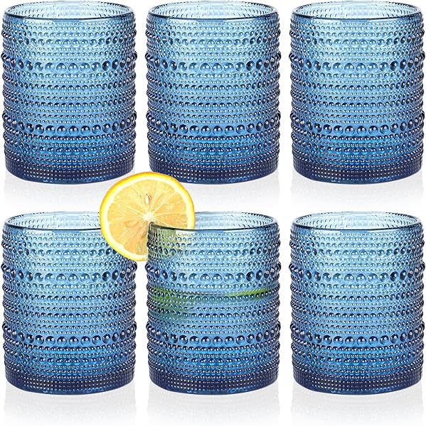KMIGRUAN Hobnail Drinking Glasses with Straws 15oz Vintage Glassware Set of 6 Embossed Vintage Water Cups, Highball Glas