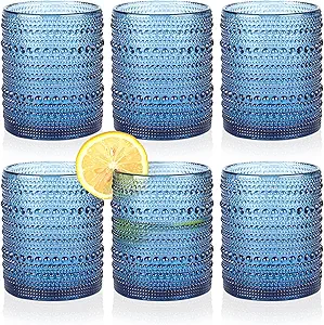 Hobnail Drinking Glasses Set of 6,12oz Blue Vintage Glassware,Cocktail Glasses,Embossed Glass Cups,Water Tumbler for Whiskey, Juice and Various Mixed Drinks
