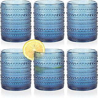 Hobnail Drinking Glasses Set of 6,12oz Blue Vintage Glassware,Cocktail G...