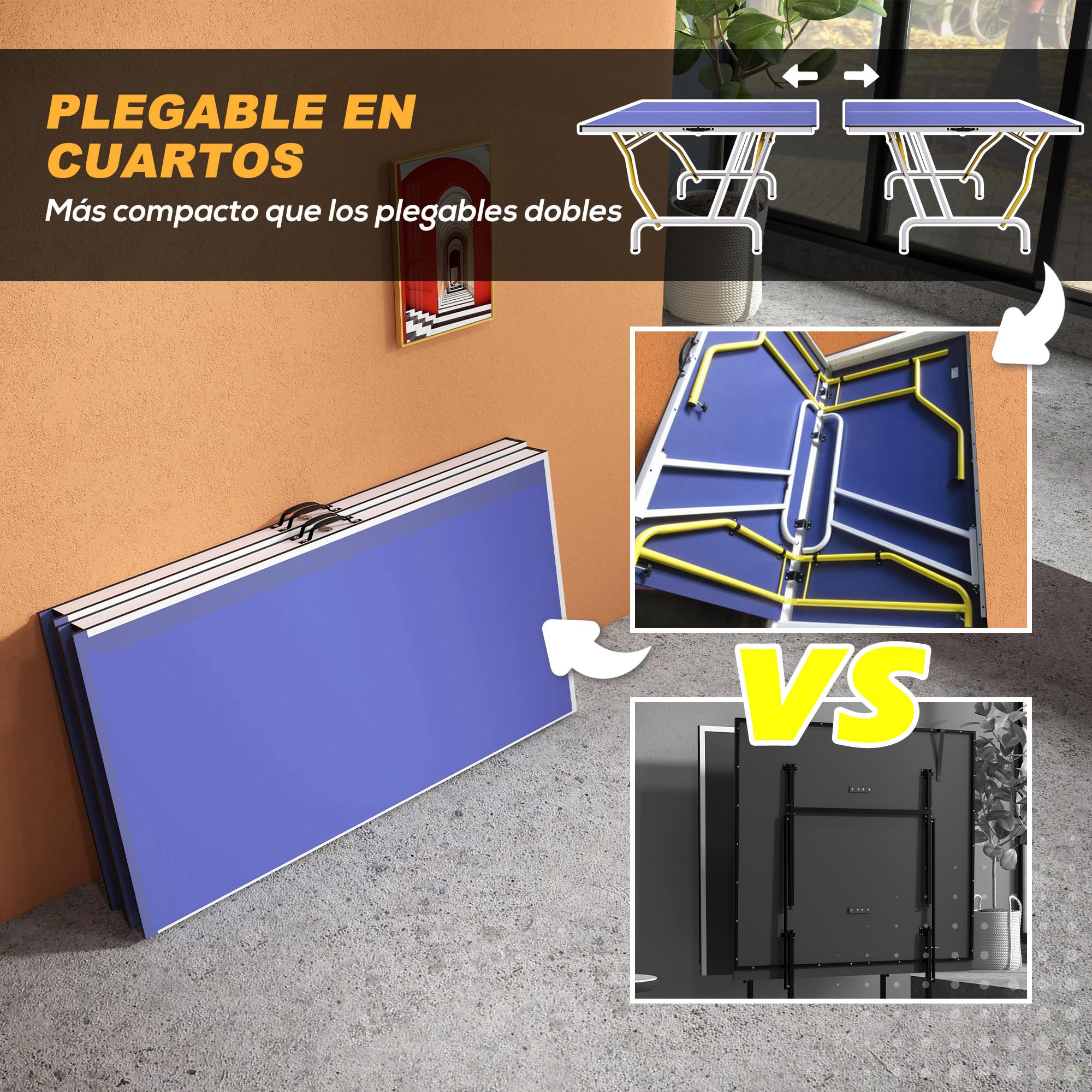 SPORTNOW Mesa de Ping-Pong Plegable con Red, Reposapiés Ajustables y Marco de Acero, 274x152,5x76 cm Azul
