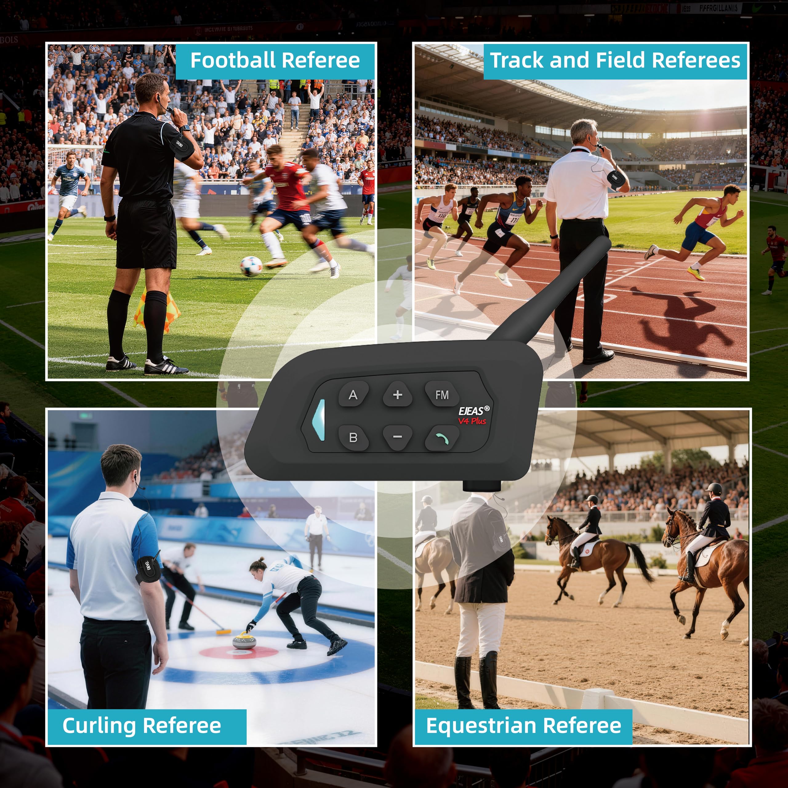 EJEAS V4C Plus - Cuffie interfono Bluetooth per arbitro di calcio, con radio FM e riduzione del rumore CVC, per 4 arbitri, confezione da 2