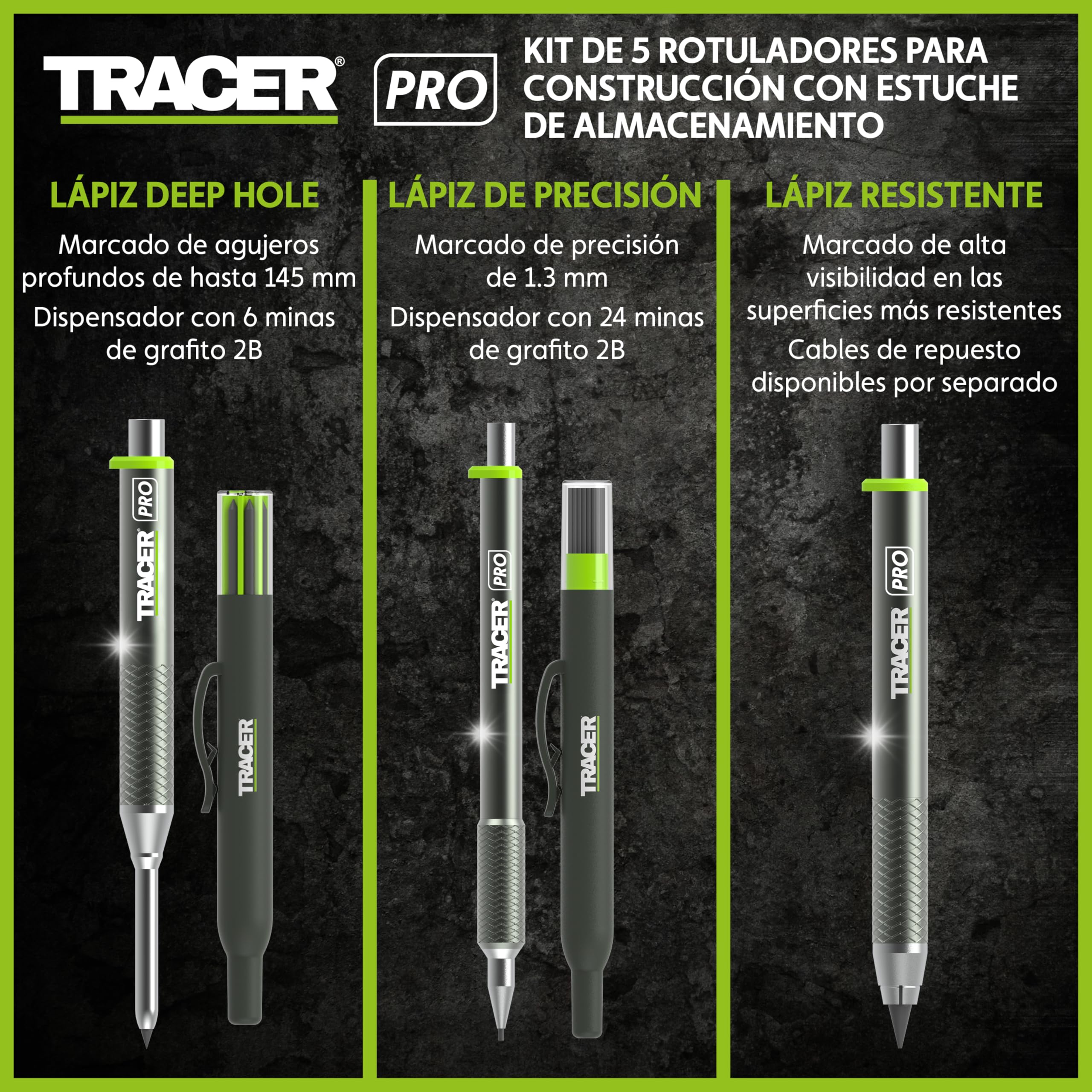 Tracer Pro Series - Kit de marcadores de construcción de 5 piezas con estuche de almacenamiento, lápiz de carpintero de agujero profundo y lápiz de precisión