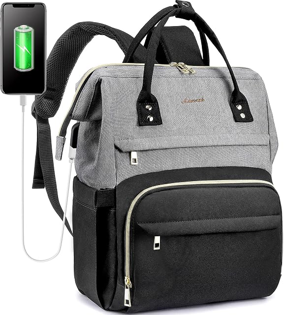 LOVEVOOK Laptop Backpack Women 15.6 inch, Work Bags for Women, School Computer Bag with USB Port for Business College Travel, Laptop Rucksack for Teacher Nurse,GreyBlack