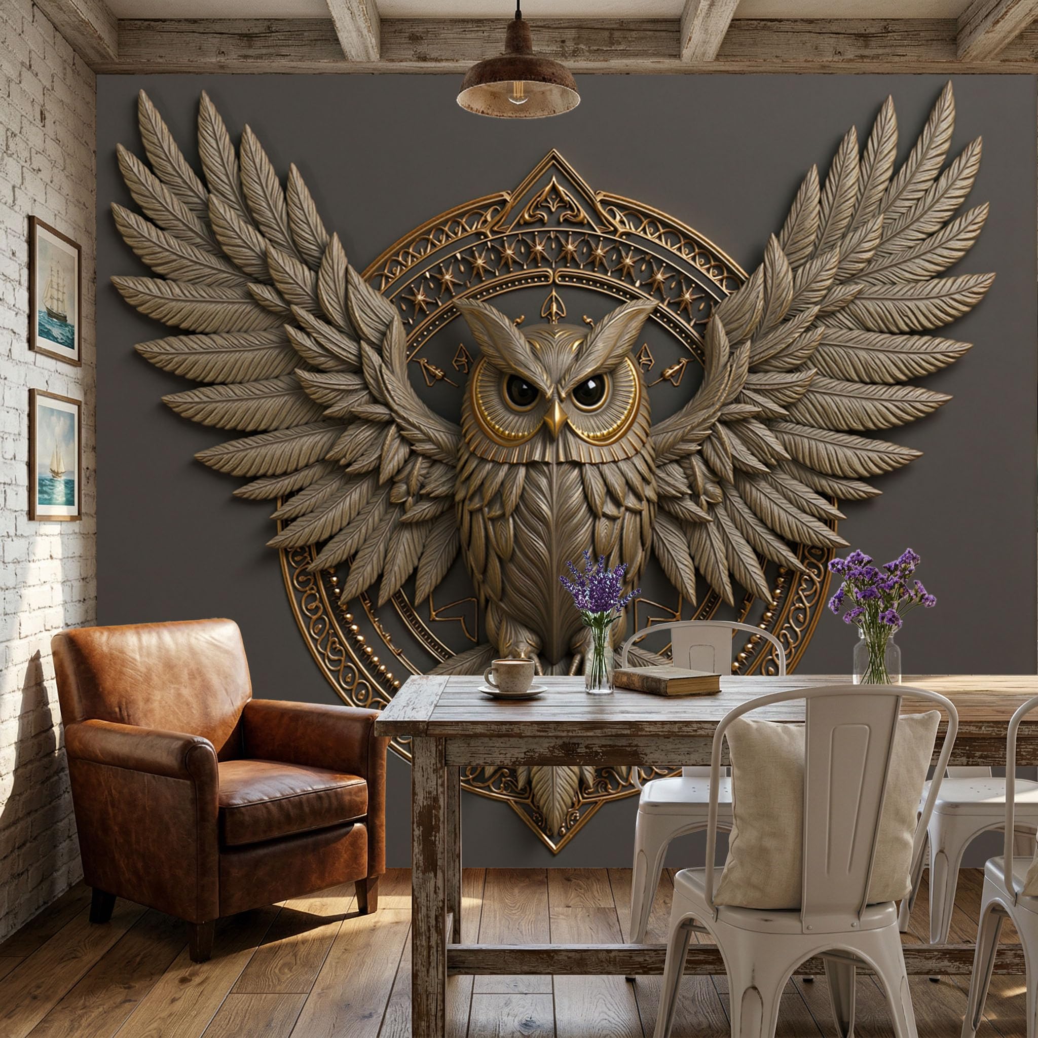 Papier peint 3D panoramique pour agrandir un salon avec un poster mural géant