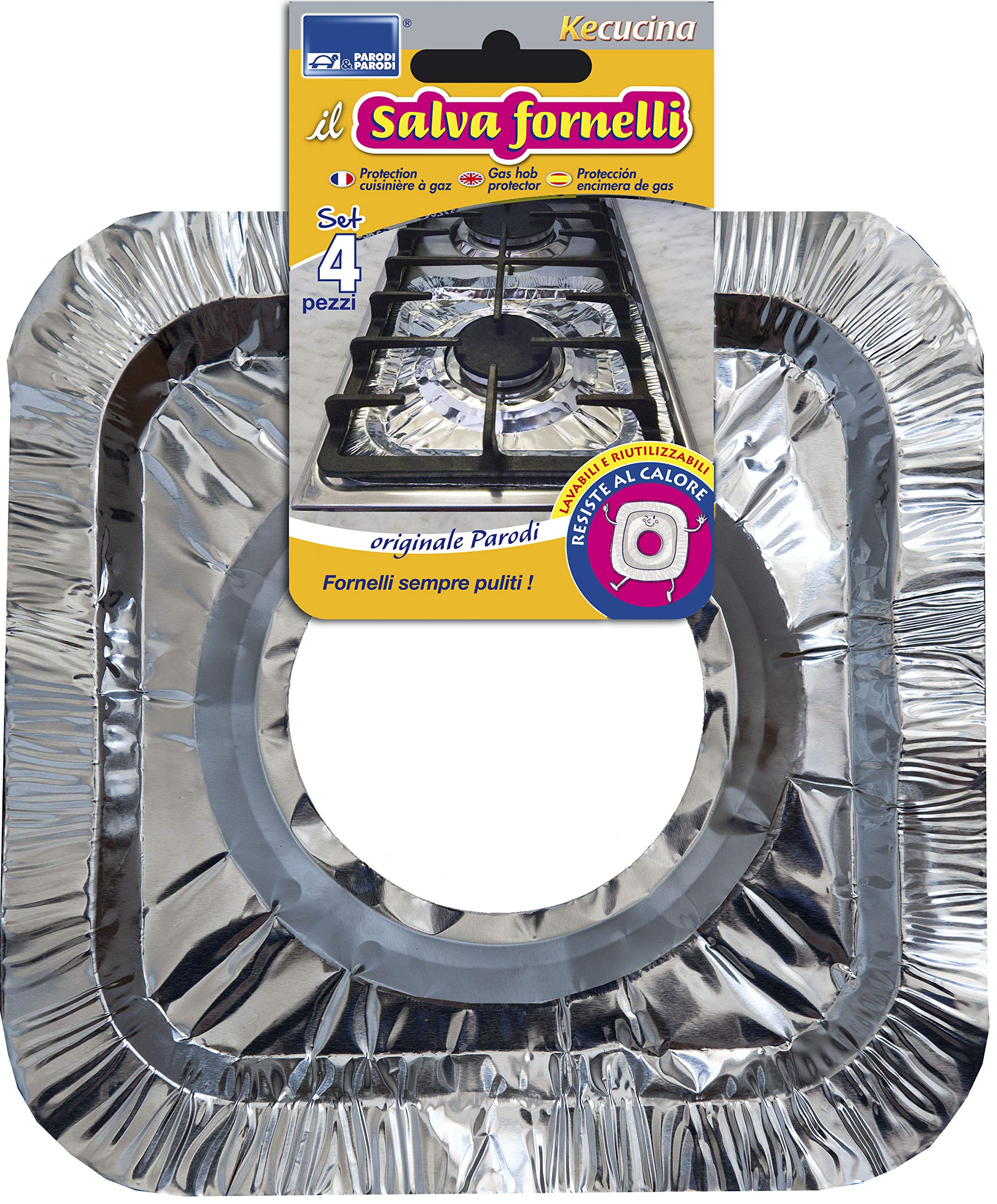 PARODI & PARODI - Aluminium Gas Hob Protector, Reusable Fireproof Protection for Stoves Prevents Dirt Fires in The Kitchen, Home Accessories, Set of 4 Pieces 23 x 23 cm ⌀ Universal