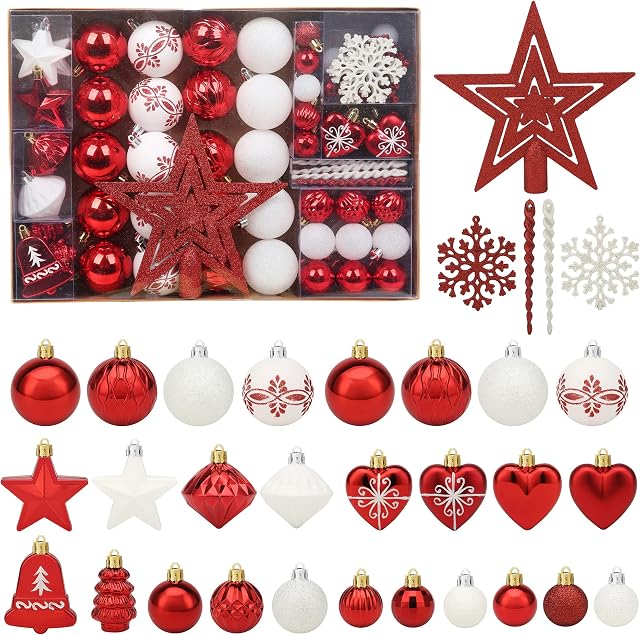 Christmas Tree Decoration Set, 78pcs ROSELEAF Shatterproof Christmas Tree Baubles Decorations Red and White Christmas Ball for Christmas Tree, Wedding Party