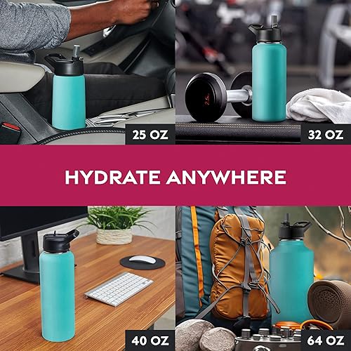 Miniatura 8 de Botella de agua FineDine - Botella de agua aislada de acero inoxidable con tapa de pajilla, tapa abatible y tapa de boca ancha - Mantiene el calor y