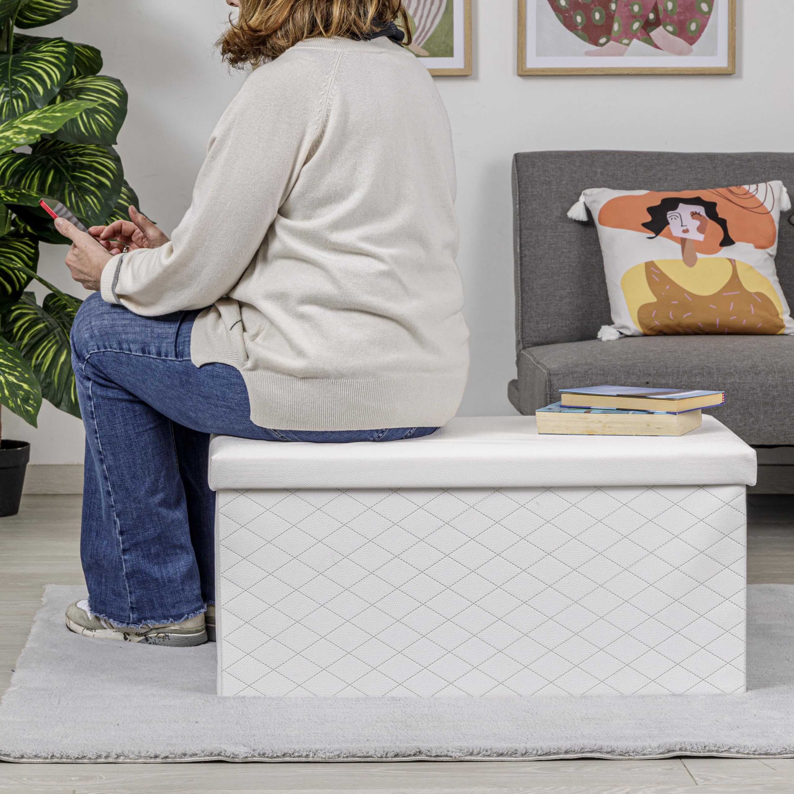 Baroni Home Baúl Plegable, Contenedor de Almacenaje, Reposapiés 76x38x38 cm, Cuero Sintético, Blanco