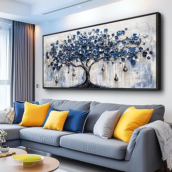 Framed Tree of Life Wall Art for Living Room,Blue Artwork Painting,20x40 In
