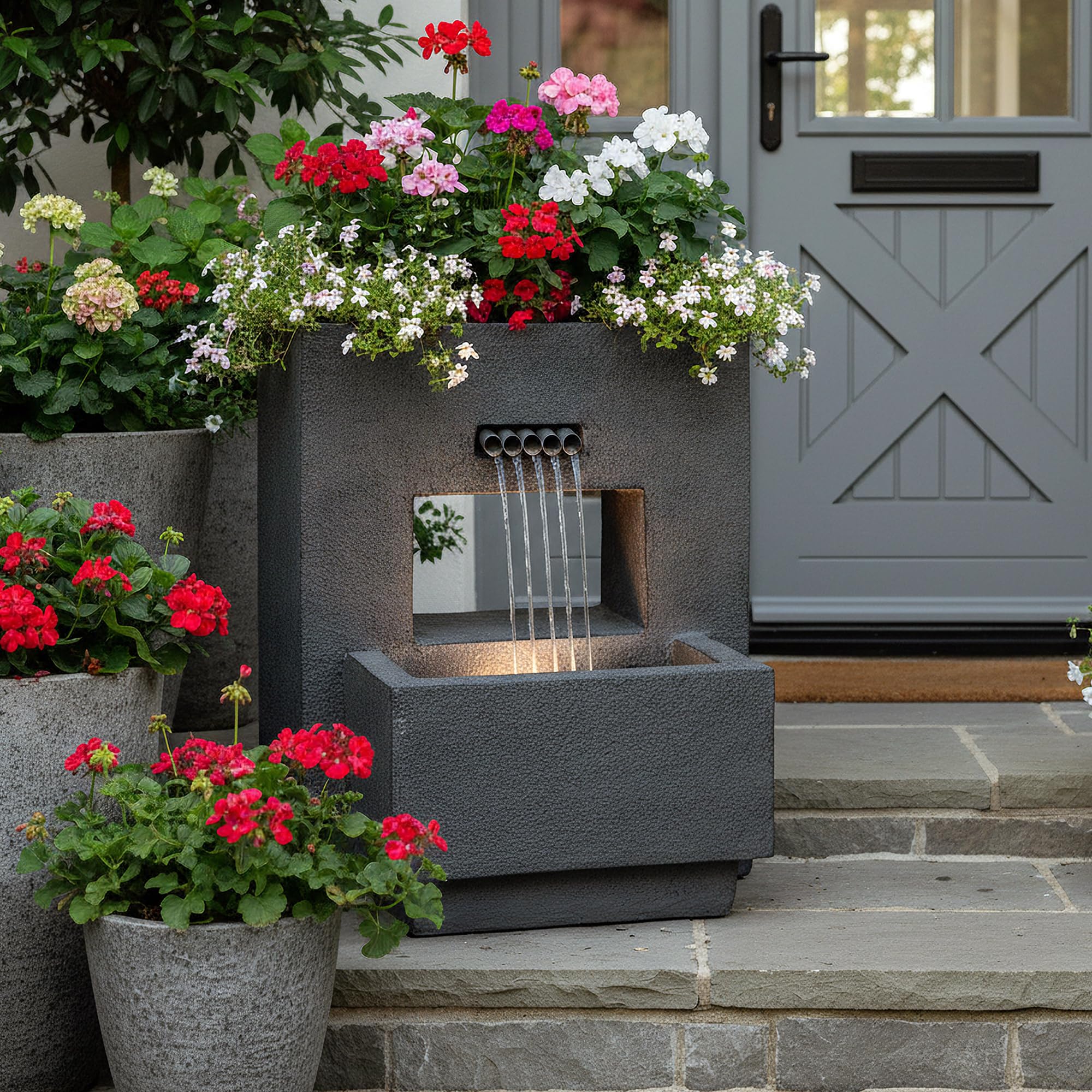 Fontaine de Jardin avec éclairage, plantable, Aspect béton 57 cm Cascade Blanc Chaud, décoration