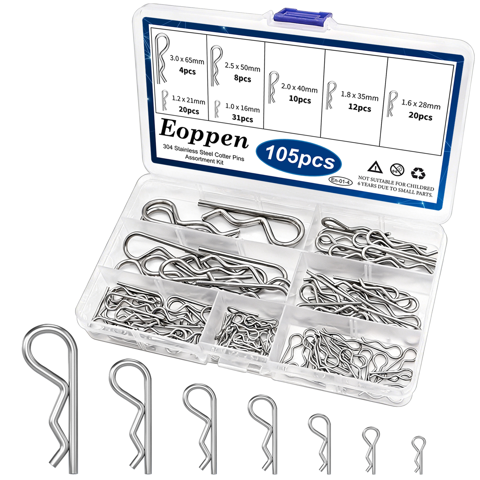 Image of 105Pcs Cotter Pin Assortment Kit - 304 Stainless Steel 7 Sizes R Clips Cotter Pins for Automotive, Trailer, Hitch Pin Lock System