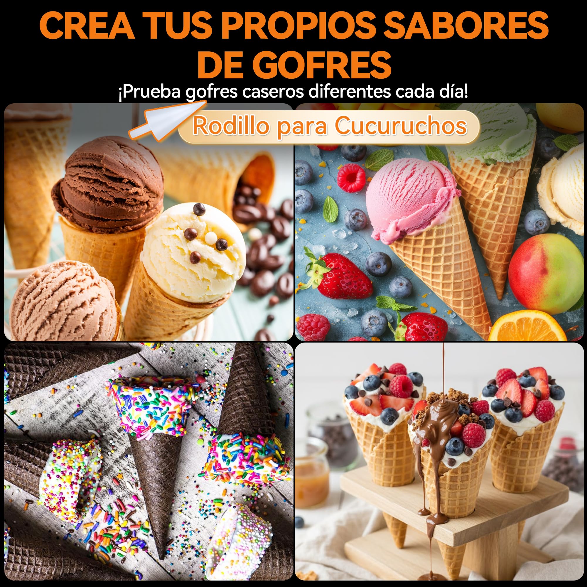 Baker's Friend Máquina Gofres Conos Helado, Control Tostado, Gofrera 7,5" Fina Antiadherente, Gofres Crujientes, Rodillo Conos, Color Grafito