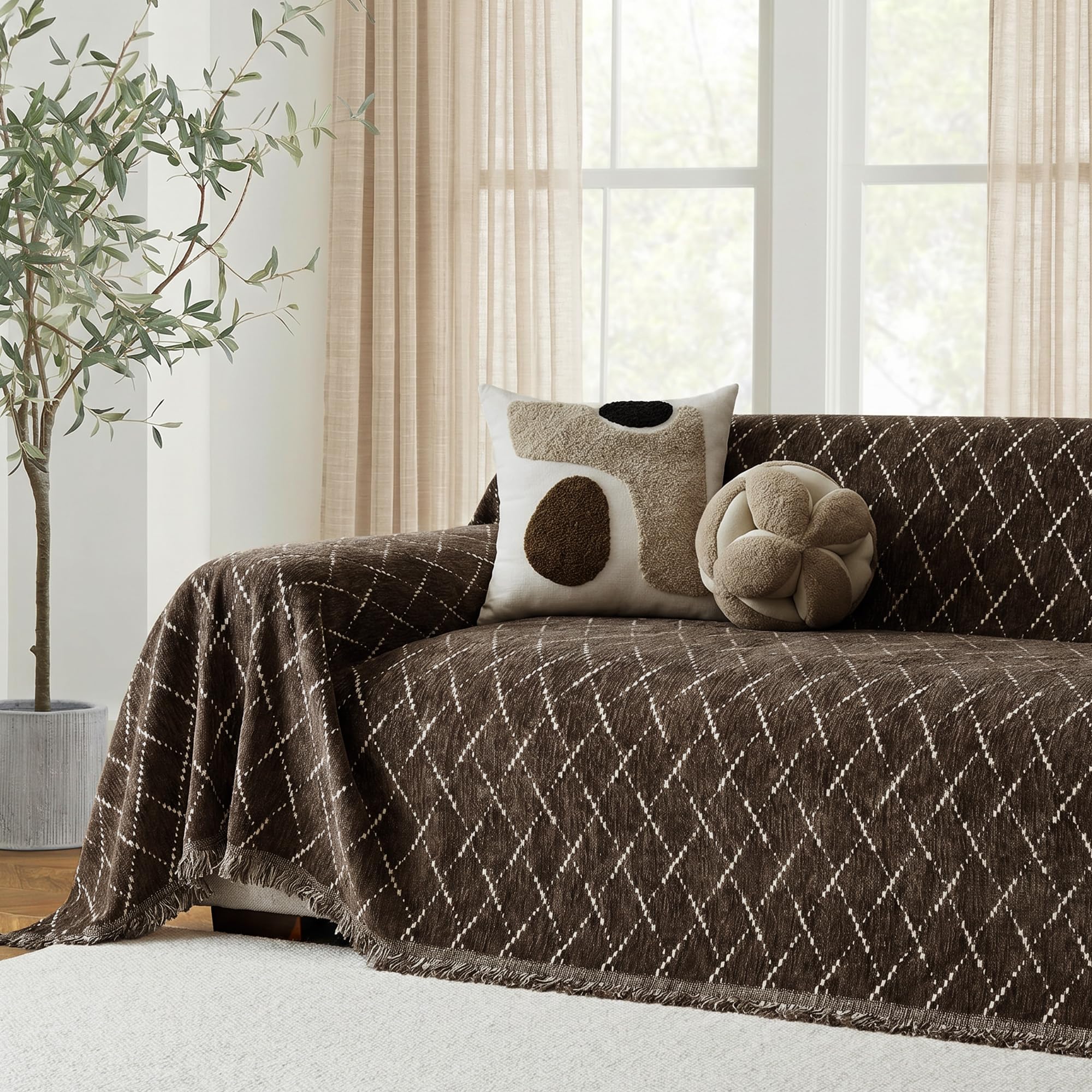 Chenille Sofa Überzug,Sofa Schutzdecke, Sofadecken Für Sitzfläche，Couchdecken Zum Schutz, 180 x 300cm, Schokolade