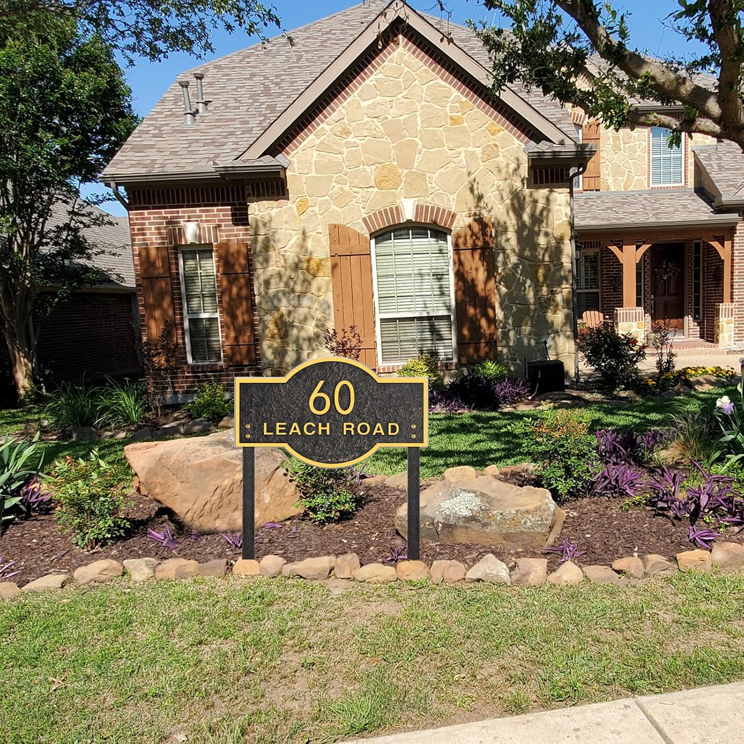 Address Sign LAWN MOUNTED - Custom House Number Sign,Address Plaque for Lawn Insert,Yard,Garden,Ground,Drive Way,Gate,911 Visibility,Free Standing,with 2 Metal Stakes(Golden)