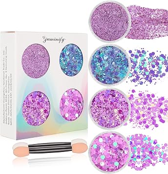 Purple Face Glitter Gel, Purple Spirit Wear, Mardi Gras Outfit for Women, 4 Styles Mardi Gras Body Glitter, Sparkling Hair Glitter Makeup, Rave Festival Accessories, Game Day, 40g/1.41 oz