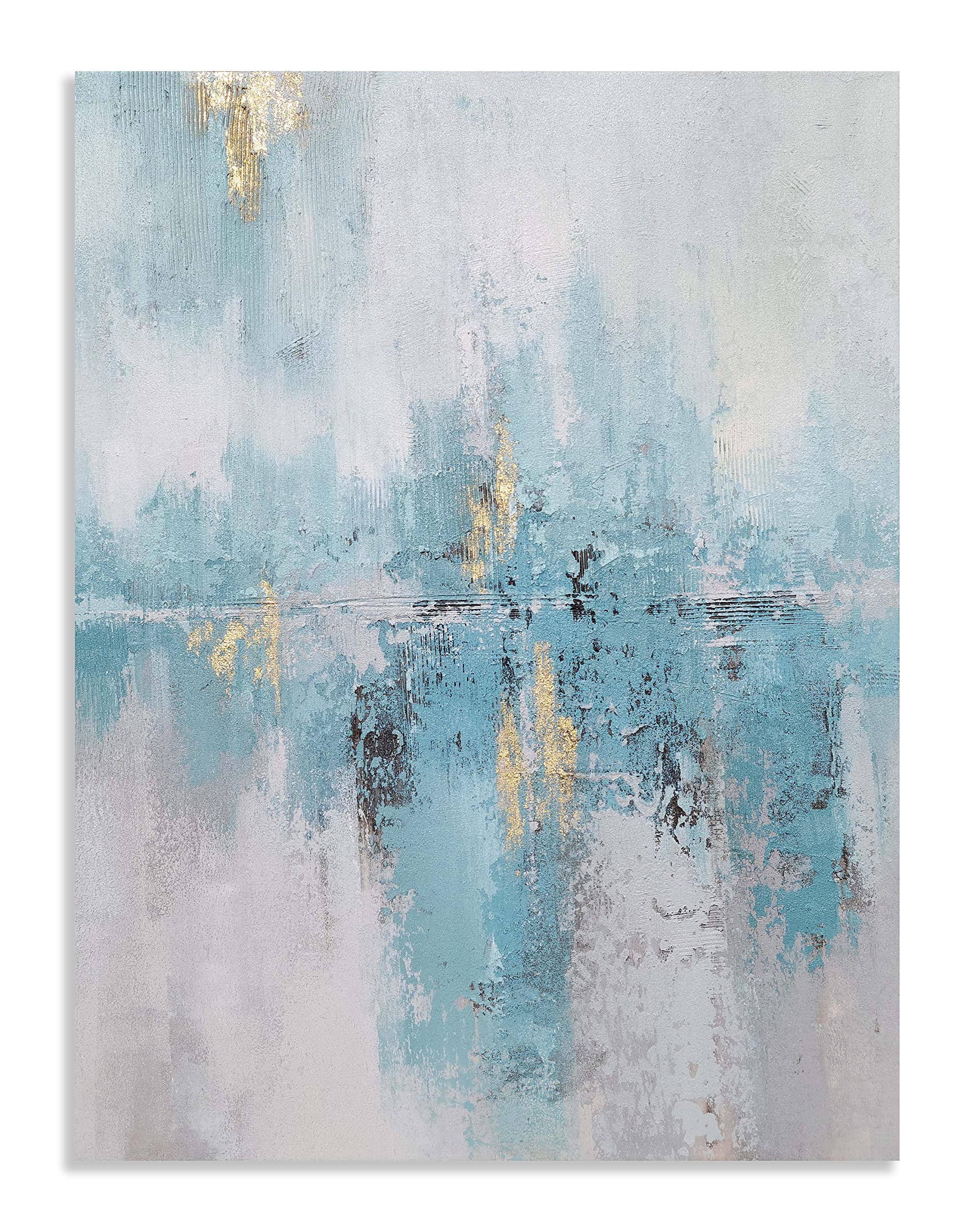 MYBEAUTYWALLA Hand Painted Abstract Lake Landscape Oil Painting with Gold Foil - Teal and White Canvas Wall Arts - Modern Forest Pictures for Living Room Hallway Decor