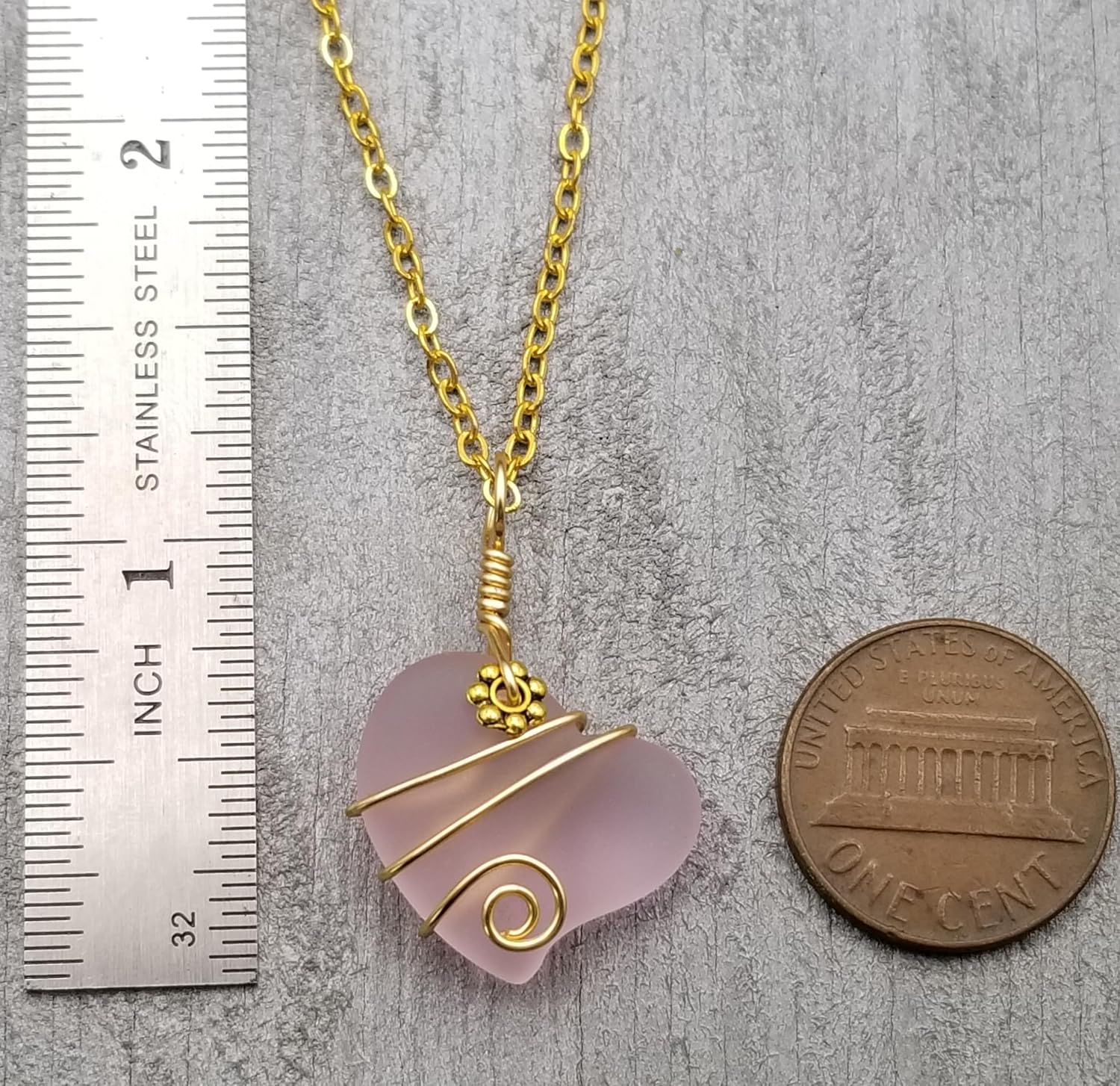 Sea Glass Custom Order Hawaii Gift, 20 inches chain, Gold Wire Heart Necklace, Beach Glass Birthday Gift (Pink - October)