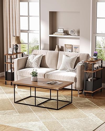 Miniatura 4 de Juego de 2 mesas auxiliares con estación de carga, mesa auxiliar estrecha para espacios pequeños, mesita de noche delgada con canasta, mesita de