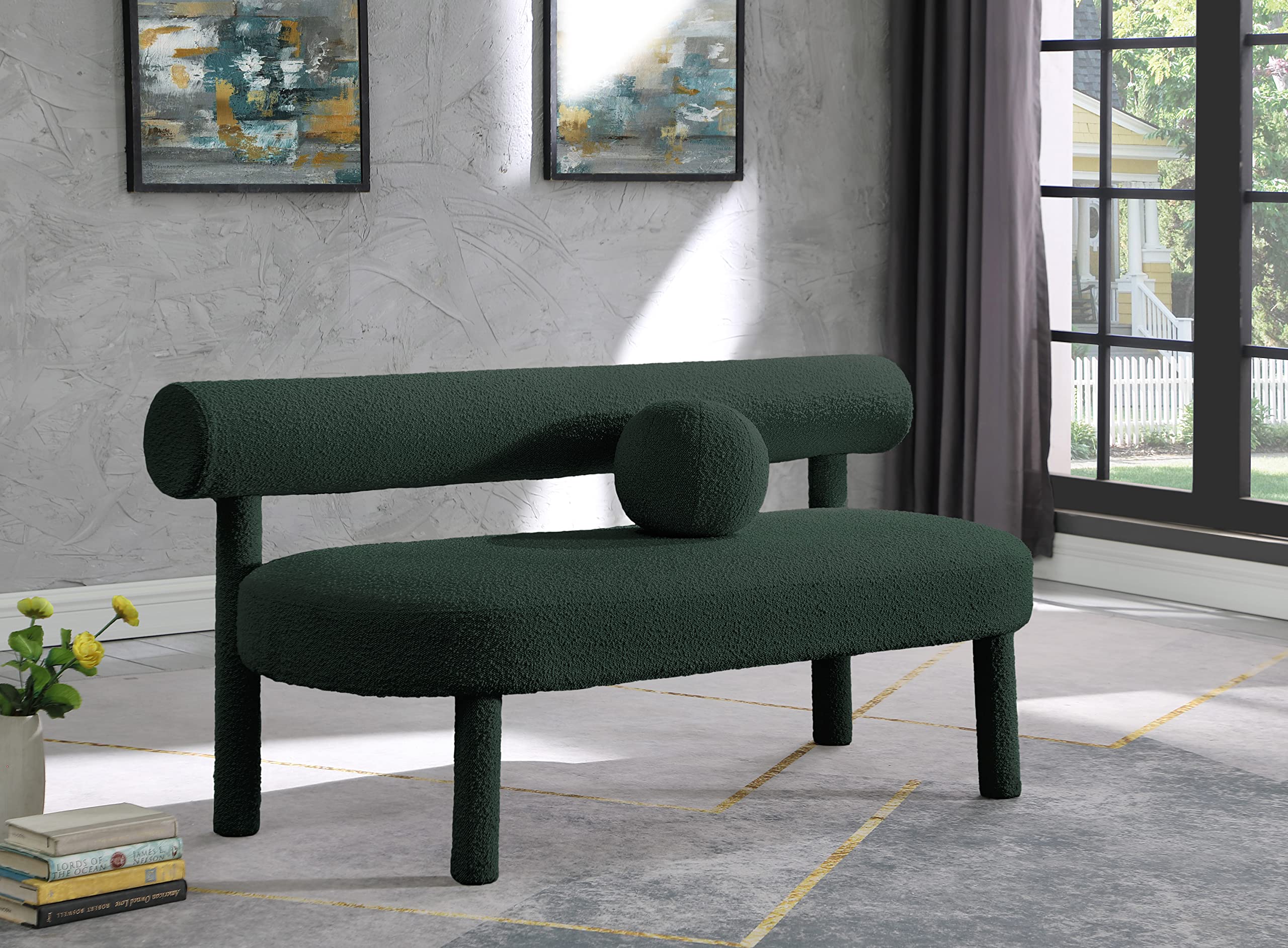 Meridian Furniture Parlor Collection Modern | Contemporary Upholstered Bench with Rich Boucle Fabric and Solid Wood Frame, 59" W x 26" D x 28.5" H, Green