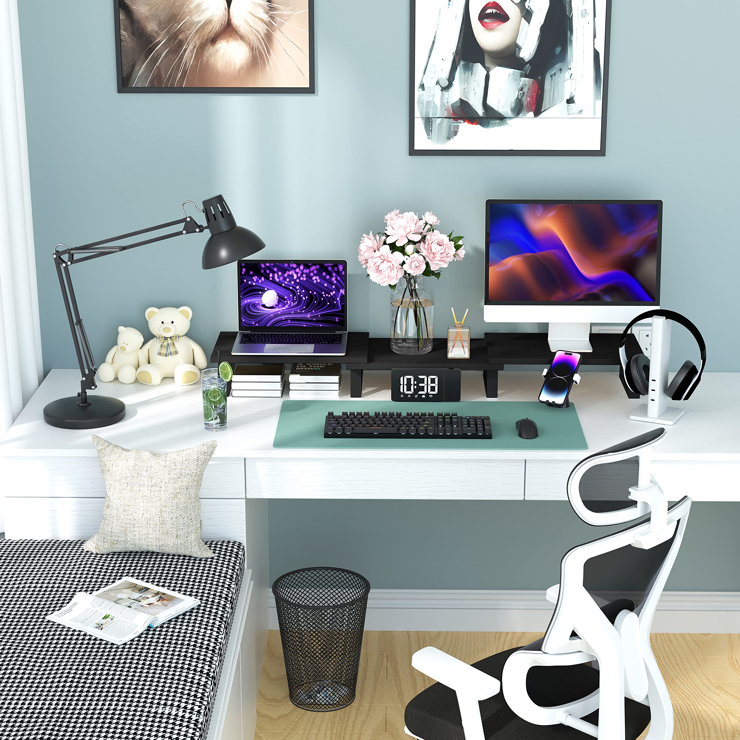 Aothia Grande supporto per monitor, 2 o 3 monitor, altezza dello schermo con lunghezza e angolo regolabili, per computer, laptop, stampanti, TV (nero)