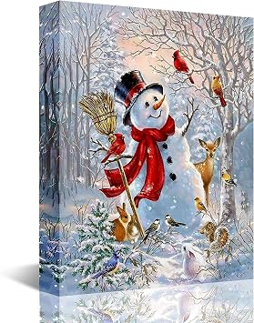 Christmas Wall Art Snowman Wall Decor Canvas Pictures Prints Christmas Home Decorations Snowman Painting Winter Red Wall Decor for Living Room Bedroom Xmas Party Artworks Gifts