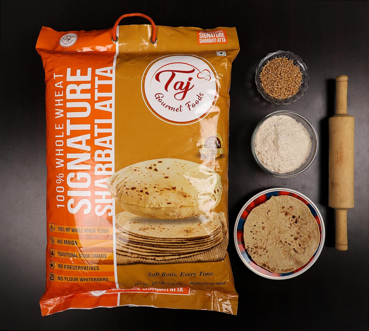TAJ Signature Sharbati Atta, 10lbs, (Chakki Atta - Stone Ground) 100% Whole Wheat Flour, Chappati Flour - Image 2