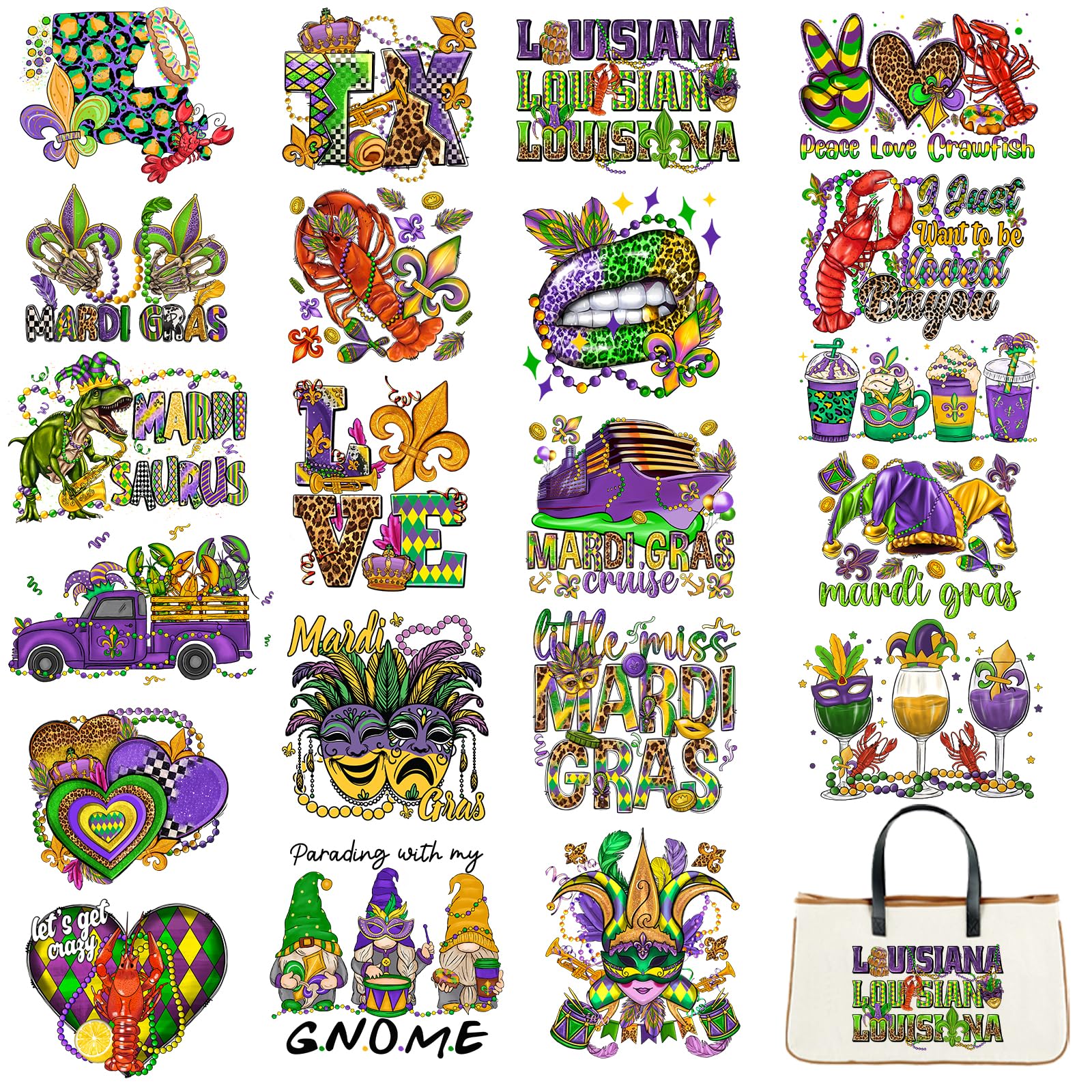 Tintnut Mardi Gras Complex Revelry DTF Iron on Tranfers 21 Sheets, Iron on Decals for T-Shirts Clothing Fabric DIY Heat Transfer Printing Stickers for Canvas Bag Design