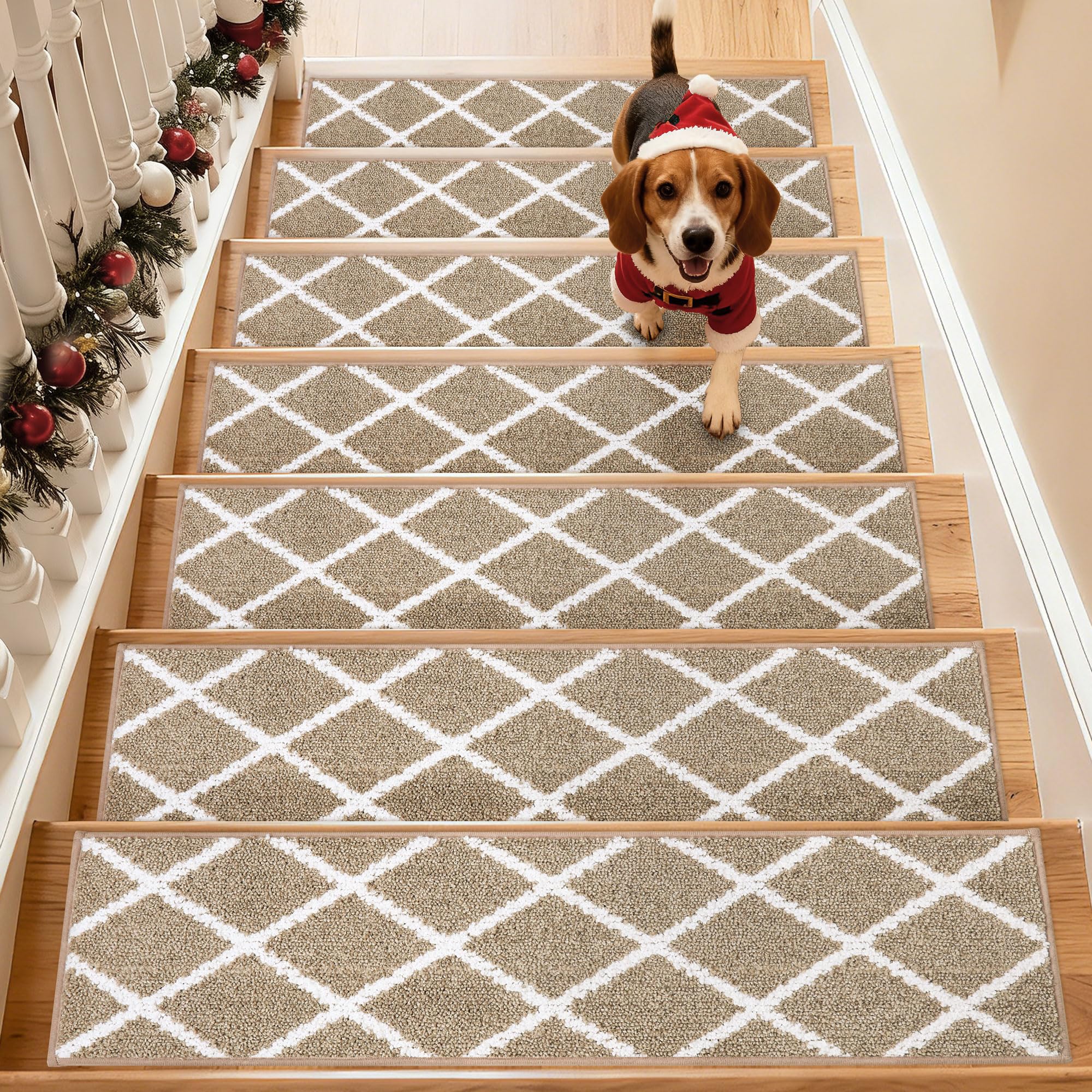 COSY HOMEER Edging Stair Treads Non-Slip Carpet Mat 28inX9in Indoor Stair Runners for Wooden Steps, Stair Rugs for Kids and Dogs, 100% Polyester TPE Backing 15pcs,Beige