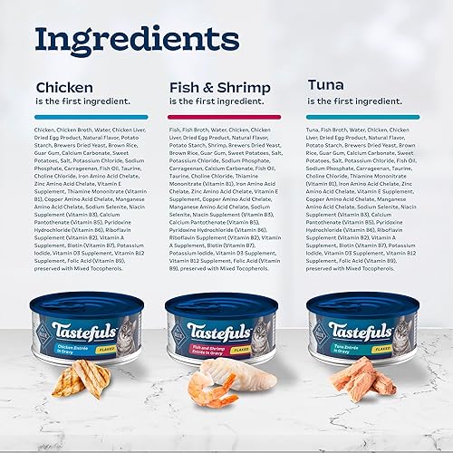 Miniatura 5 de Blue Buffalo Tastefuls - Paquete variado de alimento húmedo natural para gatos, atún, pollo y pescado y camarones en hojuelas en salsa, latas de 5.5