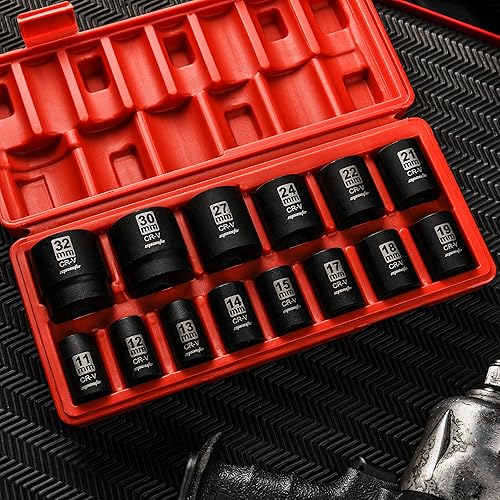 Miniatura 3 de EPAuto Juego de llaves métricas de impacto poco profundo de 12 pulgada, Cr-V, 6 puntos, 14 enchufes
