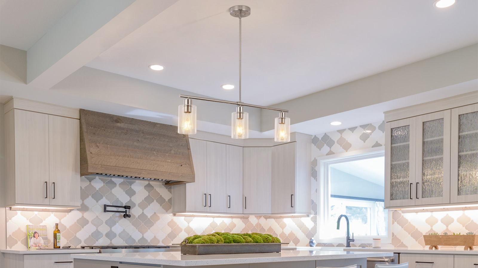Image of 3-Light Brushed Nickel Kitchen Island Lighting Clear Glass Pendant Light