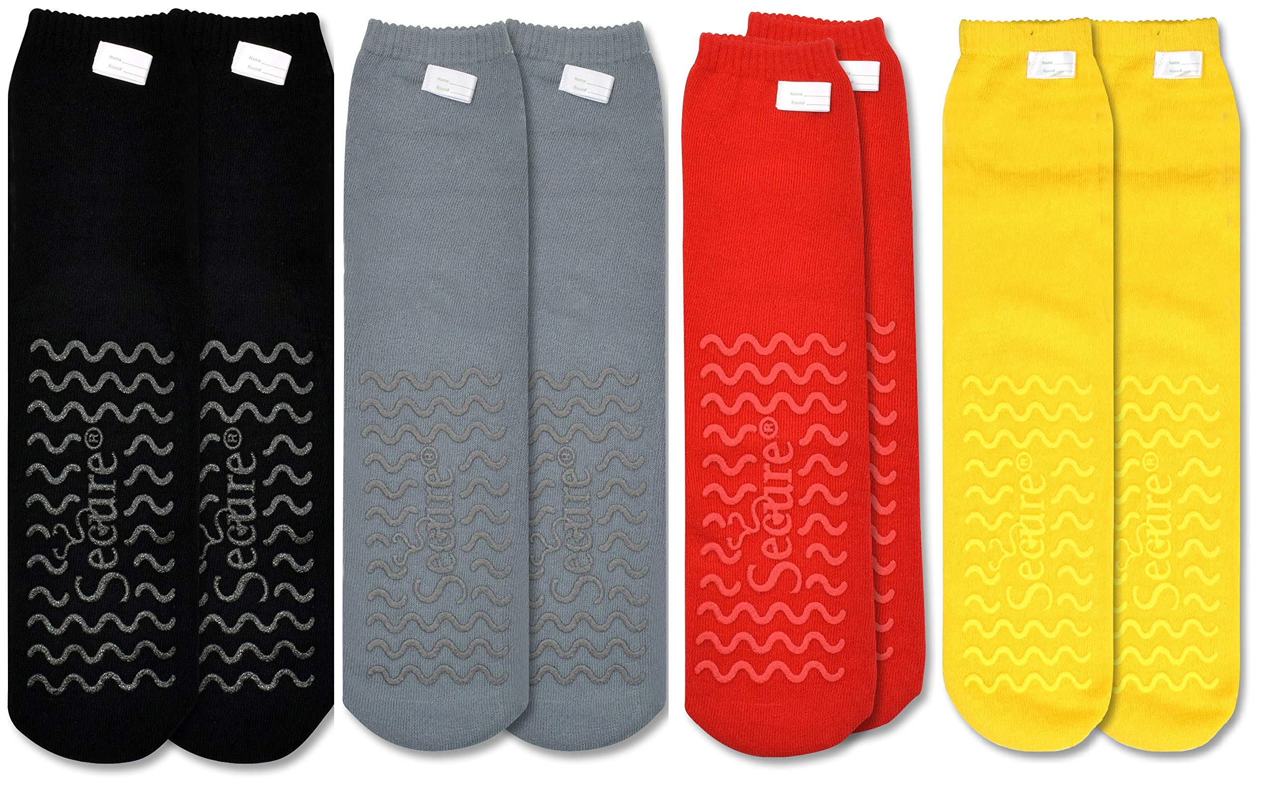 4 Pairs of Non Skid Socks with All-Around Grip Tread - Black, Gray, Red, Yellow - Hospital Style for Elderly Fall Injury Prevention
