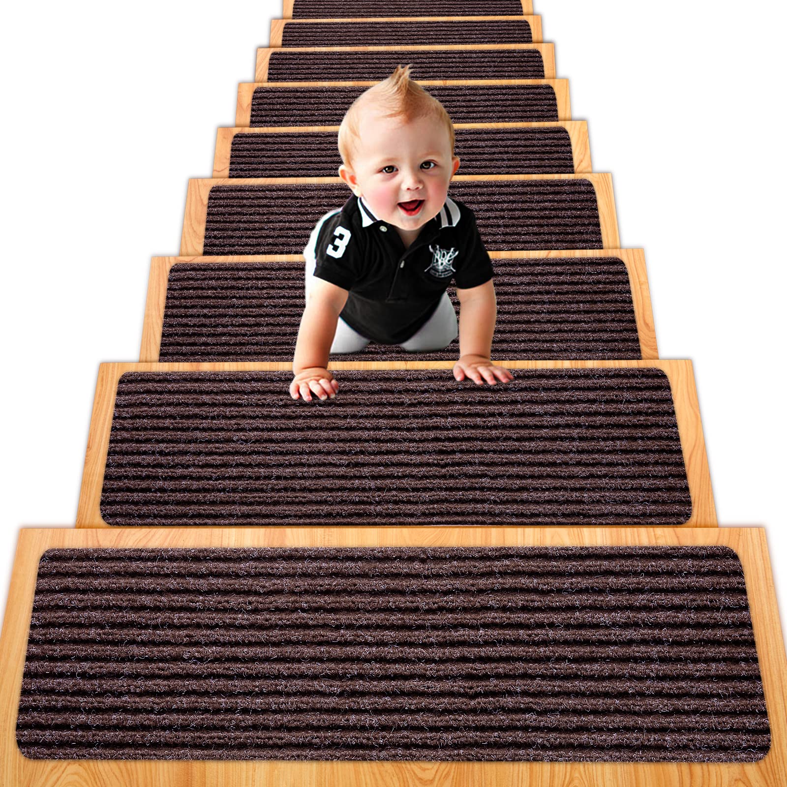 Spurtar Set di 15 Tappetini per Scale, 20 cm x 76 cm, Autoadesivi, per Interne, per Diversi Tipi di Scale, Marrone