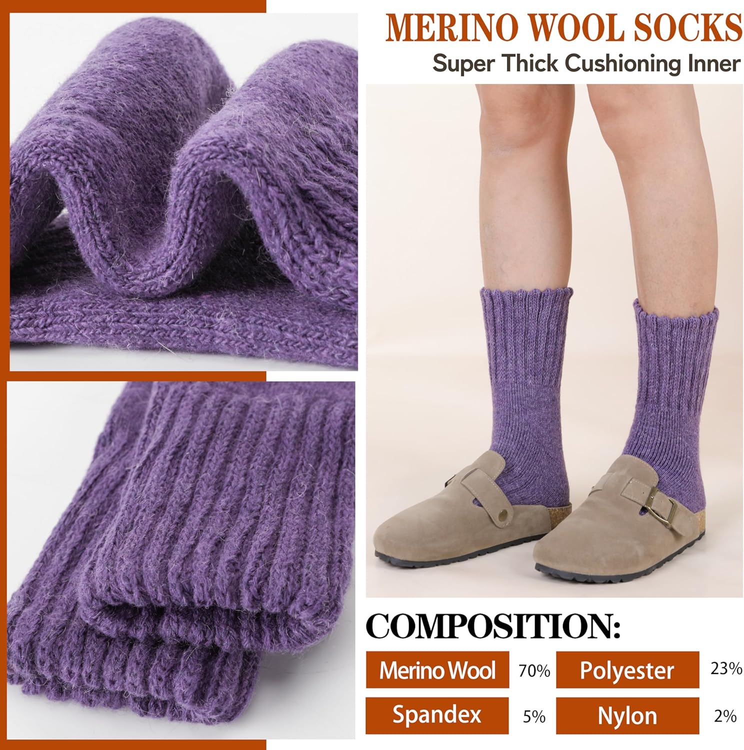 Merino Wool Boot Socks Thermal Winter Warm Thick Cozy Hiking Socks for Men Women 3 Pairs - Image 2