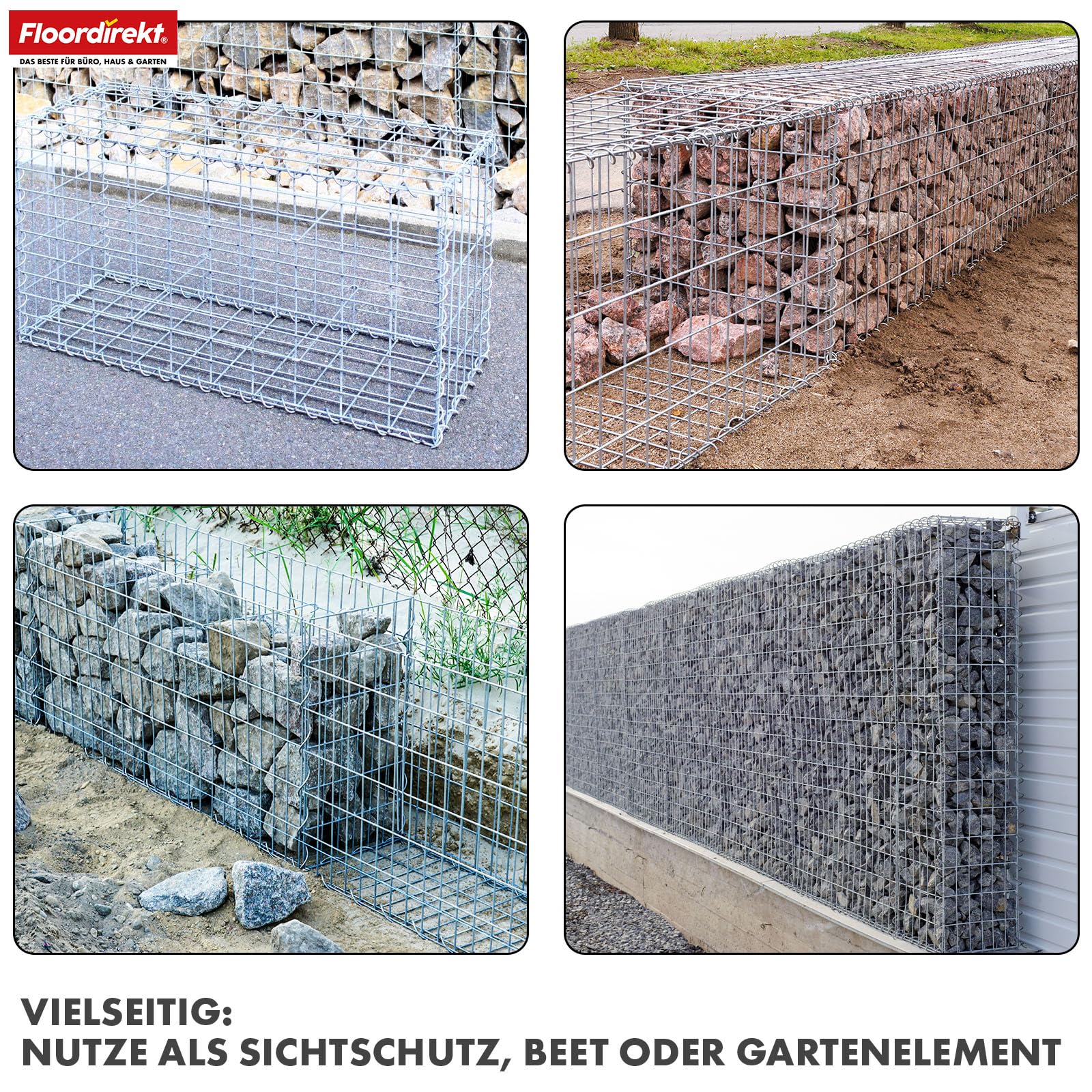 Floordirekt Gabione, Steinkorb aus Metall, 100x90x30 cm verzinkter Drahtkorb mit Maschenweite 5 x 10 cm, Steinmauer als Gartenzaun, Gabionengitter als Sichtschutz, Lenox