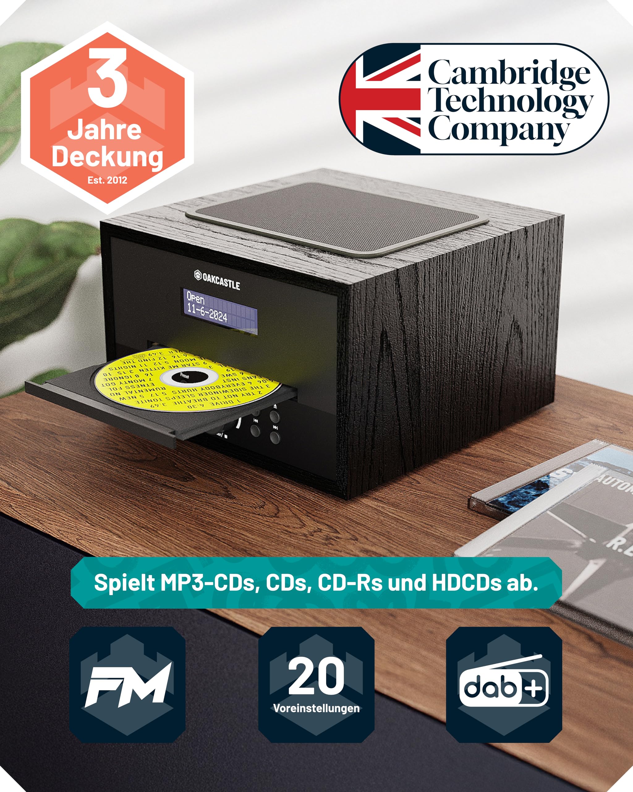 DAB+ Radio mit CD Player | Stereoanlage Bluetooth 5.0 | 40W 2.0 Stereo Lautsprecher Küchenradio | Kompaktanlage DAB+ & UKW | Musikanlage mit Doppelalarmfunktion& Fernbedienung | OAKCASTLE DAB400