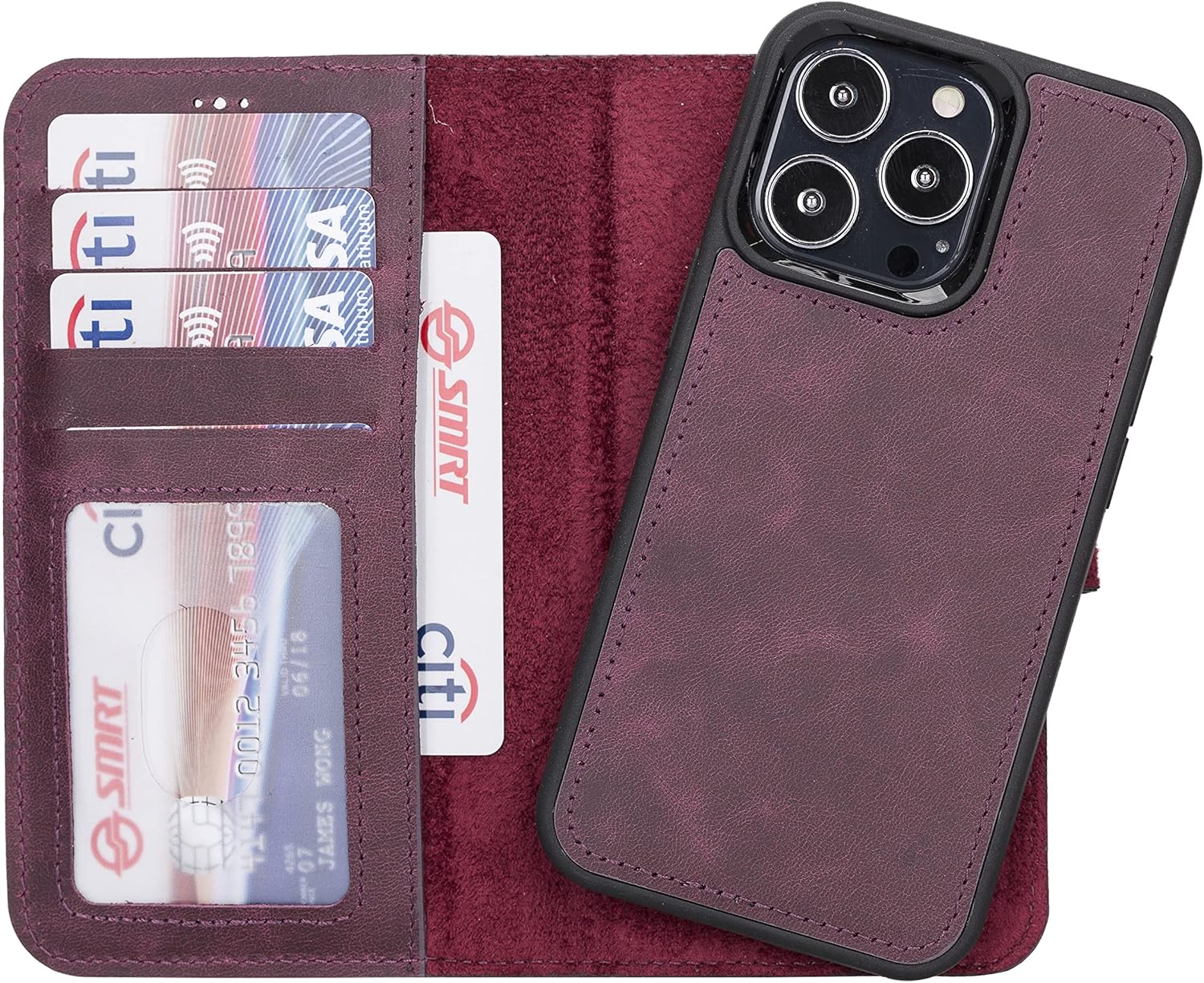 HARDISTON Genuine Leather Custom Wallet Case Compatible with iPhone 13 Pro Detachable Magnetic Flip Cover with Card Holders - Horizontal Kickstand Edges (Purple)